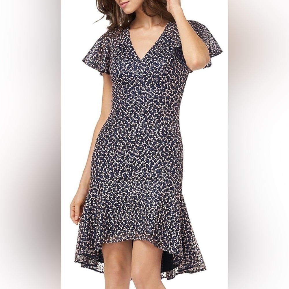 Carmen Marc Valvo Navy Short Sleeve Beaded Dress